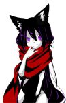 1girl animal_ears assassin_cross_(ragnarok_online) black_thighhighs cat_ears cat_girl closed_mouth colored_skin commentary_request feet_out_of_frame high_contrast long_hair looking_at_viewer meiko_(nattu303) purple_eyes purple_hair ragnarok_online red_scarf scarf simple_background sitting smile thighhighs white_background white_skin 