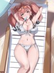  1girl absurdres armpits arms_up atlanta_(kancolle) atlanta_(swimsuit)_(kancolle) beach beach_chair beach_umbrella bikini black_bikini blush breasts chair cleavage collarbone commentary_request dimos_(dawn_1945) earrings eyewear_on_head food food_in_mouth grey_bikini grey_eyes head_tilt highres jewelry kantai_collection large_breasts layered_bikini long_hair looking_at_viewer lounge_chair navel official_alternate_costume pink_hair popsicle popsicle_in_mouth red-tinted_eyewear skindentation solo star_(symbol) star_earrings stomach swimsuit thighs tinted_eyewear torn_bikini torn_clothes two_side_up umbrella 