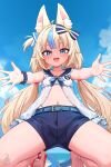  1girl :d absurdres ahoge animal_ear_fluff animal_ears barefoot beach belt bikini bikini_under_shorts blonde_hair blue_belt blue_bikini blue_eyes blue_hair blue_sailor_collar blue_shorts blue_sky blunt_bangs cat_ears cloud commentary day english_commentary fins fish_girl fish_tail flat_chest frilled_shirt_collar frills front_slit halterneck highleg highleg_bikini highres indie_virtual_youtuber kneeling lifebuoy_hair_ornament long_hair looking_at_viewer low_twintails multicolored_hair navel one_side_up open_mouth outdoors outstretched_arms partially_unbuttoned reaching reaching_towards_viewer sailor_collar sameko_saba shirt short_shorts shorts sky sleeveless sleeveless_shirt smile solo streaked_hair striped_bikini striped_clothes swimsuit tail teeth toes twintails unstableboiler upper_teeth_only very_long_hair virtual_youtuber white_hair white_shirt 