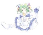  1girl ahoge animal_hat apron bell blue_dress blue_tail cat_hat cat_tail dejiko di_gi_charat dot_nose dress green_hair hair_bell hair_ornament hat neck_bell simple_background solo spread_legs tail waywardmoonn white_apron white_background 