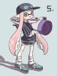  1girl absurdres baseball_cap black_hat black_shirt black_shorts blue_background commentary green_shoes gun hat highres holding holding_gun holding_weapon inkling inkling_girl inkling_player_character leg_warmers long_hair looking_at_viewer open_mouth osakanagumi11 pink_hair pointy_ears print_hat print_shirt s-blast_(splatoon) shadow shirt shoes shorts simple_background smile solo splatoon_(series) splatoon_3 star-shaped_pupils star_(symbol) symbol-shaped_pupils teeth tentacle_hair upper_teeth_only very_long_hair weapon 