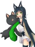  1girl alchemist_(ragnarok_online) animal_ears black_hair black_thighhighs blush brown_cape cape cat_ears cat_girl commentary_request cowboy_shot detached_sleeves dress flat_chest fur_collar green_eyes green_sleeves highres long_hair looking_at_viewer looking_to_the_side meiko_(nattu303) open_mouth ragnarok_online short_dress simple_background sleeves_past_fingers sleeves_past_wrists solo strapless strapless_dress thighhighs very_long_hair white_background 