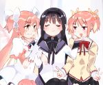  3girls akemi_homura akemi_homura_(magical_girl) black_hair black_hairband black_ribbon bow clenched_teeth closed_mouth double_v dress dual_persona hair_bow hairband hand_on_another&#039;s_chin highres kaname_madoka long_hair long_sleeves magical_girl mahou_shoujo_madoka_magica mitakihara_school_uniform multiple_girls open_mouth pink_eyes pink_hair ribbon school_uniform short_hair short_sleeves smile teeth twintails ultimate_madoka v white_bow white_dress yellow_eyes yellow_ribbon yuimura3 yuri 
