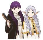  2girls alternate_hairstyle black_coat black_robe blunt_bangs capelet closed_mouth coat dress earrings elf fern_(sousou_no_frieren) frieren green_eyes grey_hair highres holding holding_brush jewelry long_hair long_sleeves looking_at_viewer multiple_girls parted_bangs pointy_ears purple_eyes purple_hair purple_pupils robe shirt sousou_no_frieren striped_clothes striped_shirt twintails wanderjegson white_background white_capelet white_dress 