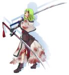  1girl bad_anatomy bad_face black_gloves blood blood_on_clothes boots brown_boots brown_dress capelet commentary_request cuts dress dual_wielding fingerless_gloves full_body gloves green_hair highres holding holding_sword holding_weapon injury katana long_sleeves looking_at_viewer meiko_(nattu303) open_mouth ragnarok_online short_hair simple_background smile solo sword swordsman_(ragnarok_online) weapon white_background white_capelet yellow_eyes 