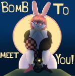 anthro big_butt bomb breasts butt clothed clothing explosives eyeshadow facial_markings female gloves hair handwear head_markings hi_res in_heat_(game) lagomorph leporid looking_at_viewer makeup mammal markings photolol.03 poppi_(in_heat) rabbit red_eyes red_hair simple_background smile smiling_at_viewer solo text thick_thighs wide_hips