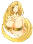  barbariccia bare_shoulders bikini_top blonde_hair breasts circlet cleavage final_fantasy final_fantasy_iv green_eyes hand_on_own_chest highres huge_breasts long_hair navel one_eye_closed saboten_ouji smile solo upper_body very_long_hair white_background 