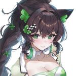  1girl animal_ears bandeau braid breasts brown_hair cat_ears checkered_hair_ornament choker cleavage closed_mouth clover collarbone ella_7737 english_commentary four-leaf_clover green_eyes hair_ornament hairclip headphones headphones_around_neck highres indie_virtual_youtuber jacket kitsunya_(vtuber) large_breasts long_hair looking_at_viewer open_clothes open_jacket ponytail race_queen second-party_source see-through_clothes see-through_jacket simple_background smile solo upper_body virtual_youtuber white_background white_choker 