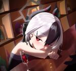  1girl absurdres alcohol bar_(place) bare_shoulders black_choker black_dress black_hair black_horns black_nails blue_archive blush bottle bright_pupils chinese_commentary choker clenched_hand closed_mouth commentary crossed_arms cup demon_girl demon_horns dress drinking_glass drunk dutch_angle ear_piercing eyes_visible_through_hair grey_halo hair_ornament hairclip halo highres horns indoors kayoko_(blue_archive) kayoko_(dress)_(blue_archive) lcz leaning_forward long_hair looking_at_viewer mole mole_on_neck multicolored_hair nail_polish official_alternate_costume official_alternate_hairstyle piercing red_eyes sitting sleeveless sleeveless_dress solo split_mouth tsurime two-tone_hair upper_body white_hair white_pupils wine wine_glass 