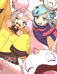  1boy 1girl blue_eyes blue_hair blue_scarf cetoddle character_hair_ornament closed_eyes grusha_(pokemon) hair_ornament halter_shirt halterneck highres iono_(pokemon) jacket multicolored_hair non_pmpm one_eye_closed open_mouth pink_eyes pink_hair pokemon pokemon_(creature) pokemon_sv scarf sharp_teeth sleeves_past_fingers sleeves_past_wrists star_(symbol) teeth two-tone_hair yellow_jacket 