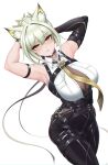  1girl absurdres animal_ear_fluff animal_ears arknights arm_strap armpits arms_behind_head arms_up bare_shoulders black_choker black_pants breasts cat_ears choker chromatic_aberration cosplay cowboy_shot evelyn_chevalier evelyn_chevalier_(cosplay) hair_between_eyes highres hikasa_youko kal&#039;tsit_(arknights) leggings necktie pants presenting_armpit punnosalt revision shirt simple_background sleeveless sleeveless_shirt solo standing thighs variant_set voice_actor_connection white_background white_shirt yellow_necktie zenless_zone_zero 