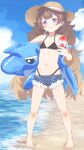  1girl anya_melfissa aobara_hairi barefoot beach bikini black_bikini blonde_hair blue_sky brown_hair cutoff_jeans cutoffs denim denim_shorts flat_chest fluffy_hair food full_body hat highres hololive hololive_indonesia inflatable_dolphin inflatable_toy long_hair looking_at_viewer lowleg lowleg_shorts multicolored_hair navel purple_eyes shaved_ice short_shorts shorts sky solo straw_hat streaked_hair swimsuit utensil_in_mouth virtual_youtuber 