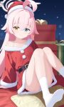  1girl absurdres ahoge alternate_costume belt black_belt blue_archive blue_eyes blush box christmas closed_mouth collarbone commentary convenient_leg crat2222 dress feet foot_out_of_frame fur-trimmed_dress fur-trimmed_headwear fur_trim gift gift_box hair_between_eyes hair_intakes halo happy hat heterochromia highres hoshino_(blue_archive) huge_ahoge knees_together_feet_apart knees_up legs long_hair looking_at_viewer night night_sky no_shoes outdoors panties pink_hair pink_halo pom_pom_(clothes) red_dress red_hat santa_costume santa_dress santa_hat single_bare_shoulder sitting sky smile socks soles solo split_mouth straight_hair thighs toes tsurime underwear very_long_hair white_panties white_socks yellow_eyes 
