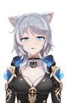  1girl akaika_(aka) animal_ear_fluff animal_ears black_leotard blue_eyes breasts cat_ears cat_girl cipher_(honkai:_star_rail) cleavage commentary_request grey_hair highres honkai:_star_rail honkai_(series) large_breasts leotard mole mole_on_breast parted_lips short_hair_with_long_locks simple_background solo upper_body white_background 