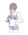  1girl bare_arms bare_shoulders belly belly_grab blush boyshort_panties bra breasts cleavage closed_mouth collarbone commentary_request cowboy_shot cropped_legs glasses grey_bra gyosite hair_between_eyes highres hoshimi_junna long_hair looking_at_self looking_down low_side_ponytail medium_breasts navel purple_hair shoujo_kageki_revue_starlight side_ponytail sidelocks simple_background solo standing sweat underwear underwear_only weight_conscious white_background 