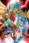  1boy 1girl aged_up ancient_fairy_dragon armor black_boots black_jacket boots brother_and_sister card deck_of_cards dragon duel_disk duel_monster green_hair grey_pants highres holding holding_card jacket life_stream_dragon long_hair lua_(yu-gi-oh!) luca_(yu-gi-oh!) pants pink_shirt pink_shorts ponytail red_background shirt shorts siblings sinqou twins yu-gi-oh! yu-gi-oh!_5d&#039;s 