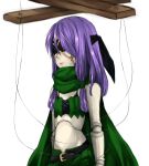  1girl belt black_belt blindfold bra_strap closed_mouth commentary_request cowboy_shot doll_joints expressionless flat_chest green_scarf green_shorts green_tube_top joints long_hair marionette meiko_(nattu303) puppet purple_hair ragnarok_online ranger_(ragnarok_online) scarf shorts simple_background solo strapless tube_top white_background 