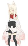  1girl adapted_costume animal_ears black_skirt black_thighhighs cat_ears cat_girl commentary_request feet_out_of_frame japanese_clothes kimono long_hair looking_at_viewer meiko_(nattu303) ninja ninja_(ragnarok_online) open_mouth ragnarok_online red_eyes red_scarf scarf simple_background skirt smile solo thick_eyebrows thighhighs white_background white_hair white_kimono 