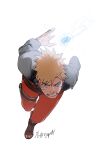  1boy blonde_hair blue_eyes full_body highres jacket long_sleeves looking_at_viewer male_focus naruto_(series) naruto_shippuuden ninja orange_jacket orange_pants pants rasengan running sandals short_hair simple_background solo spiked_hair uzumaki_naruto white_background zifletts 