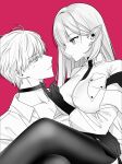  1boy 1girl absurdres black_choker black_gloves black_thighhighs breasts cecil_(nikke) choker commentary_request earpiece gloves hand_up highres johan_(nikke) kumo_tabetai large_breasts long_hair looking_at_another medium_hair nikke open_clothes open_shirt partially_colored red_background shirt simple_background sitting sitting_on_lap sitting_on_person thighhighs white_shirt 