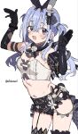  1girl :d arms_up black_gloves black_skirt blue_hair blush breasts character_request cleavage copyright_request corset cowboy_shot elbow_gloves garter_straps gloves hair_between_eyes hair_tie highres long_hair looking_at_viewer navel purple_eyes shisoneri simple_background single_garter_strap skirt small_breasts smile solo twintails twitter_username white_background white_corset 