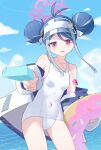  1girl :3 absurdres antenna_hair aqua_hair bare_shoulders blue_archive blue_hair blue_sky blush breasts cloud collarbone commentary covered_navel cowboy_shot day donut_innertube double_bun dual_wielding eyelashes eyes_visible_through_hair food foreshortening fubuki_(blue_archive) fubuki_(swimsuit)_(blue_archive) furrowed_brow hair_between_eyes hair_bun halo hat_ornament heart heart_hat_ornament highres holding holding_food holding_popsicle holding_swim_ring incoming_food jacket jacket_partially_removed lcz looking_at_viewer medium_hair multicolored_hair official_alternate_costume official_alternate_hairstyle one-piece_swimsuit open_clothes open_jacket open_mouth outdoors pink_halo popsicle red_eyes sidelocks sky small_breasts smile solo streaked_hair swim_ring swimsuit symbol-only_commentary tsurime visor_cap water whistle whistle_around_neck white_jacket white_one-piece_swimsuit 
