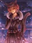  1boy absurdres animal_ears black_coat black_gloves blue_background brown_hair cat_boy cat_ears cat_tail coat commentary_request commission cowboy_shot dark-skinned_male dark_skin facial_mark final_fantasy final_fantasy_xiv fur-trimmed_coat fur_trim gloves highres index_finger_raised kuro11_222 light_particles male_focus miqo&#039;te multicolored_hair partial_commentary pink_background pink_eyes purple_background railing red_hair skeb_commission slit_pupils smile solo tail tan warrior_of_light_(ff14) whisker_markings 