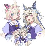  2girls :d alternate_animal_ears animal_ears bandaid bandaid_hair_ornament blonde_hair blue_eyes blue_hair cropped_torso crossed_bangs fang fuwawa_abyssgard hair_ornament highres hololive hololive_english horse_ears horse_girl long_hair looking_at_another looking_at_viewer mococo_abyssgard multicolored_hair multiple_girls pink_hair pout sailor_collar school_uniform short_hair siblings simple_background sisters skin_fang smile streaked_hair tracen_school_uniform umamusume virtual_youtuber white_background x_hair_ornament yomosaka 
