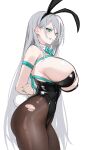  1girl absurdres animal_ears armpit_crease bare_shoulders black_leotard blue_bow blue_bowtie blue_eyes blue_rope blush bow bowtie breasts clenched_hand clenched_teeth covered_navel cowboy_shot detached_collar earrings english_commentary fake_animal_ears fake_tail grey_hair hair_behind_ear highleg highleg_leotard highres huge_breasts jewelry leotard long_hair looking_at_viewer looking_to_the_side milim_nova mole mole_on_breast multiple_earrings original pantyhose playboy_bunny rabbit_ears rabbit_tail rope shibari shibari_over_clothes sideboob simple_background strapless strapless_leotard sweatdrop tail teeth torn_clothes torn_pantyhose very_long_hair white_background wrist_cuffs 