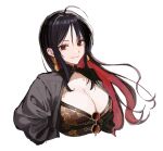 1girl black_hair black_jacket breasts cleavage commentary_request earrings glasses goddess_of_victory:_nikke jacket jewelry kumo_tabetai large_breasts long_hair looking_at_viewer moran_(nikke) ornate_clothes paint_chat_(medium) red_eyes simple_background smile solo unworn_eyewear white_background 