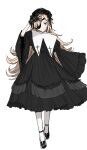  &gt;:) 1girl absurdres arm_up black_dress black_gloves black_shoes blonde_hair blue_eyes closed_mouth commentary_request cross dress eyepatch gloves goddess_of_victory:_nikke guillotine_(nikke) hairband hand_on_own_head highres kumo_tabetai light_smile lolita_hairband long_dress long_hair looking_at_viewer shoes simple_background sleeves_past_wrists solo standing v-shaped_eyebrows very_long_hair very_long_sleeves white_background 