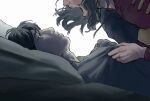  1girl 2boys bags_under_eyes black_eyes black_hair clothes_grab exhausted glowing grabbing_from_behind han_sooyoung hand_on_another&#039;s_shoulder hand_on_another&#039;s_stomach head_on_pillow kim_dokja lying macaronijail medium_hair multiple_boys omniscient_reader&#039;s_viewpoint on_back out_of_frame pillow short_hair shouting sidelighting white_background yoo_joonghyuk 