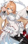  1girl absurdres ahoge blue_eyes blush breasts brown_hair center-flap_bangs curly_hair double-parted_bangs frilled_shirt frills ghost_pose highres large_breasts little_miss_bonemancer_(shadowverse) long_hair long_sleeves looking_at_viewer mismatched_thighhighs pantyhose red_pantyhose red_thighhighs shadowverse shadowverse:_worlds_beyond shiro_wa_(shiroshironix) shirt sketch smug solo standing thick_eyebrows thighhighs tongue tongue_out white_background white_shirt wide_sleeves 