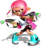 1girl 3d bare_arms bike_shorts blue_shoes eye_mask full_body gradient_hair grin holding holding_weapon ink_tank_(splatoon) inkling inkling_girl inkling_player_character looking_at_viewer lowres miniskirt multicolored_hair official_art orange_eyes pink_hair red_skirt shoes short_eyebrows short_hair sidelocks skirt smile sneakers solo splat_dualies_(splatoon) splatoon_(series) splatoon_2 spotted_hair standing suction_cups surume_(splatoon) tan tank_top tentacle_hair thick_eyebrows transparent_background two-tone_hair v-shaped_eyebrows weapon white_tank_top 