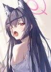  1girl ;o alternate_costume alternate_hairstyle animal_ear_fluff animal_ears black_hair blue_archive blush cat_ears cat_girl commentary drooling extra_ears fang from_behind fujiwara_haru_(nekonote) hair_between_eyes hair_down hair_intakes halo highres indoors long_hair looking_at_viewer looking_back messy_hair morning mouth_drool one_eye_closed open_mouth pajamas pink_halo red_eyes red_pupils serika_(blue_archive) sidelighting sidelocks single_bare_shoulder skin_fang sleepy slit_pupils solo straight_hair tears teeth tsurime upper_body upper_teeth_only waking_up white_pajamas window_shadow yawning 
