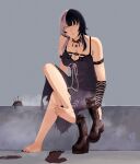  1girl absurdres arm_strap barefoot black_arm_warmers black_boots black_choker black_dress black_hair black_nails boots breasts choker cleavage dress feet grey_background grey_hair grey_ribbon highres holding holding_boots holding_unworn_clothes hololive hololive_english large_breasts long_hair mairu_(user_2757) multicolored_hair nail_polish shiori_novella shiori_novella_(1st_costume) sitting soles solo split-color_hair striped_arm_warmers toenail_polish toenails toes two-tone_hair unworn_boots virtual_youtuber yellow_eyes yorick_(shiori_novella) 