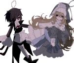  2girls a_umanee black_hair dress eyepatch long_coat magical_girl mahou_shoujo_madoka_magica mahou_shoujo_oriko_magica medium_hair multiple_girls toy white_background white_dress 