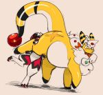 2025 ampharos belly big_belly black_ear_tips black_tail_tip chest_tuft claws digital_drawing_(artwork) digital_media_(artwork) dipstick_ears dipstick_tail duo ear_markings feral generation_2_pokemon generation_7_pokemon hi_res looking_at_another looking_back looking_back_at_another lycanroc markings midnight_lycanroc multicolored_ears nintendo orange_scarf pokemon pokemon_(species) raised_leg raised_tail raster_dreams red_body red_claws scarf size_difference tail tail_markings thick_tail thick_thighs tongue tongue_out tuft white_belly yellow_body yellow_ears yellow_tail