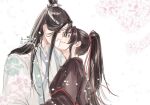  1010923 2boys bishounen black_hair black_hanfu blush branch cherry_blossoms chinese_clothes couple dated eye_contact face-to-face falling_petals flower grey_eyes hair_ribbon hanfu headband high_ponytail imminent_kiss lan_wangji long_hair long_sleeves looking_at_another male_focus modao_zushi multiple_boys open_mouth parted_lips petals pink_flower ponytail profile red_ribbon ribbon robe sidelocks smile topknot twitter_username upper_body watermark wei_wuxian white_background white_hanfu white_headband wide_sleeves xiao_guan_(headdress) yaoi 