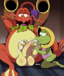 absurd_res amphibian antennae_(anatomy) anthro aroused aroused_face aroused_smile balls balls_blush bandage bandai_namco bent_leg big_balls big_penis blush bodily_fluids body_blush brass_instrument collar cum cum_in_mouth cum_inside cum_on_ground cumshot detailed_background digimon digimon_(species) digimon_adventure duo ejaculation feet fellatio frog gekomon genital_fluids genitals green_body green_skin hair half-closed_eyes hand_behind_head hand_on_belly hand_on_body hi_res huge_balls huge_penis kneeling leaf leaf_clothing leaf_collar looking_at_another looking_at_genitalia looking_at_partner looking_at_penis looking_down looking_down_at_partner looking_pleasured lying male male/male membrane_(anatomy) muffled muffled_speech multicolored_body musical_instrument narrowed_eyes navel open_mouth oral orange_eyes orange_sclera orgasm overweight overweight_anthro overweight_male penile penis penis_in_mouth purple_hair raised_leg red_body red_skin sex sharp_teeth shogungekomon short_tail sitting sitting_on_ground size_difference skinny skinny_anthro skinny_male speech_bubble spread_legs spreading tail teeth textless toad toei_animation toes tongue two_tone_body uvula vorechestra webbed_feet webbed_hands whiskers wind_instrument yellow_sclera