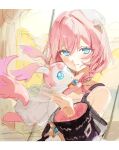  1girl absurdres blue_eyes coat commentary_request cyrene_(honkai:_star_rail) fluffy_tail hair_ornament highres honkai:_star_rail honkai_(series) jewelry medium_hair mem_(honkai:_star_rail) necklace on_swing pink_fur pink_hair purple_coat roena short_hair smile star-shaped_pupils star_(symbol) swing symbol-shaped_pupils tree 