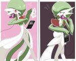  blush bob_cut colored_skin dress gardevoir green_hair green_skin hair_over_one_eye headphones highres inb795 multicolored_skin multiple_views pink_eyes pokemon pokemon_(creature) simple_background tongue tongue_out two-tone_skin white_dress white_skin 