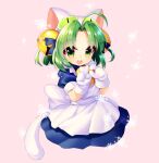  1girl abondz absurdres ahoge animal_hat apron bell blue_dress cat_hat cat_tail cropped_legs dejiko di_gi_charat dress green_eyes green_hair hair_bell hair_ornament hat highres looking_at_viewer mittens neck_bell open_mouth pink_background short_hair simple_background snowflakes solo tail v white_apron white_mittens 