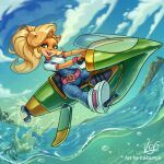 2025 activision anthro bandicoot belt blonde_hair breasts bubble clothing coco_bandicoot crash_bandicoot_(series) eyebrows eyelashes female footwear green_eyes hair hi_res lukart96 mammal marsupial open_mouth open_smile outside overalls ponytail sea shoes smile solo vehicle water watercraft 