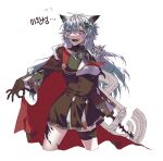  1girl absurdres aiguillette animal_ears arknights bolo_tie brown_gloves brown_skirt cape cape_hold cropped_legs gloves grey_eyes hair_ornament hairclip high-waist_skirt highres holding kimiseung08 korean_text lappland_(arknights) lappland_the_decadenza_(arknights) long_hair long_sleeves looking_at_viewer material_growth multicolored_hair open_mouth oripathy_lesion_(arknights) pink_hair red_cape scar scar_across_eye scar_on_face simple_background skirt solo standing streaked_hair translation_request white_background white_hair wolf_ears wolf_girl 