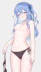  1girl :o absurdres aqua_ribbon arms_at_sides black_bra black_panties blue_hair blush bra breasts commentary_request cowboy_shot dot_nose double-parted_bangs grey_background hair_over_shoulder hair_ribbon half-closed_eyes highres holding holding_bra holding_underwear holding_unworn_clothes hololive hoshimachi_suisei hot long_hair long_sidelocks looking_at_viewer medium_breasts navel no_pants omiyatei one_side_up panties parted_lips ribbon side-tie_panties sidelocks simple_background solo standing stomach sweat topless_female underwear undressing unworn_bra variant_set wavy_hair 