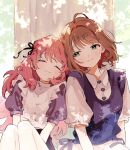  2girls :3 ahoge aono_nachi black_ribbon black_skirt blush bow brown_hair buttons choppy_bangs closed_eyes closed_mouth collared_shirt curtains dappled_sunlight day dot_nose dress frilled_dress frills green_eyes hair_intakes hair_ribbon heart_button highres kagari_mimi kimi_ga_shinu_made_koi_wo_shitai knees_up leaning_on_person leaning_to_the_side long_hair looking_at_another multiple_girls official_art outdoors pink_hair purple_bow purple_shirt purple_sweater_vest ribbon shadow shirt short_hair short_sleeves sideways_glance sitting skirt smile sunlight sweater_vest totsuki_shiina upper_body vest waist_bow wavy_hair white_shirt white_vest window yuri 