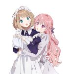  2girls :o ahoge aono_nachi apron aqua_eyes arms_around_waist blue_dress blush bob_cut bow bow_apron brown_hair cleaning_rag collar collared_dress cowboy_shot dot_nose dress eye_contact fluffy_hair frilled_apron frilled_collar frilled_dress frills hair_bow hair_ornament highres holding_rag hug hug_from_behind kagari_mimi kimi_ga_shinu_made_koi_wo_shitai long_hair long_sleeves looking_at_another maid maid_apron maid_headdress multiple_girls official_art open_mouth pink_eyes pink_hair purple_bow raised_eyebrows raised_inner_eyebrows short_hair signature simple_background sketch standing sweatdrop totsuki_shiina very_long_hair wavy_hair white_apron white_background white_dress x_hair_ornament yuri 