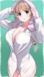  1girl :o absurdres blue_eyes braid breasts brown_hair highres hiroshi_(hunter-of-kct) large_breasts looking_at_viewer lynette_bishop panties shirt simple_background single_braid solo standing strike_witches towel towel_on_head underwear white_panties white_shirt world_witches_series 