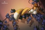  aesop&#039;s anthro berry blue_eyes breasts brown_hair canine fable female fluffy_tail fox fruit fur grapes hair lying mammal on_side orange_fur pink_nose pinup pose solo tan_fur the_fox_and_the_grapes yulliandress 